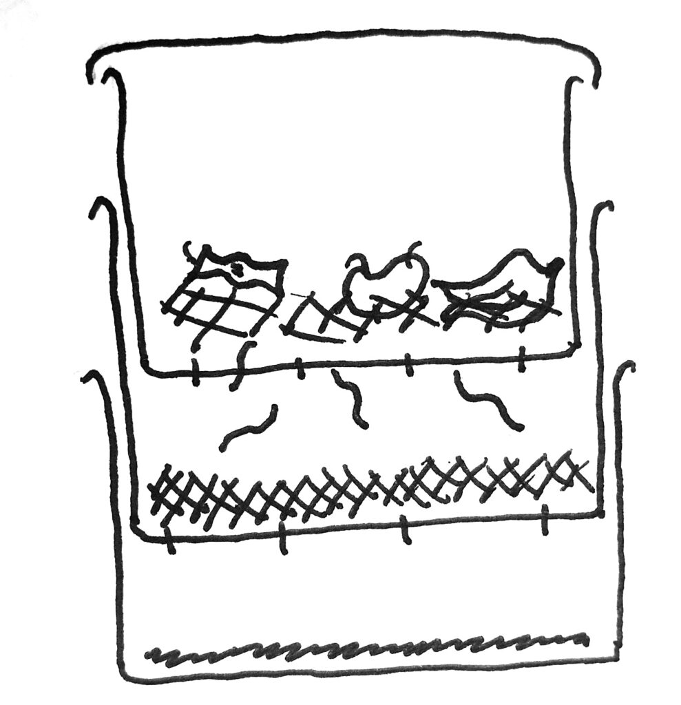 A diagram of three plastic boxes stacked, the lower with liquid, the middle with finished worm bedding and worms moving upwards, the upper with food waste
