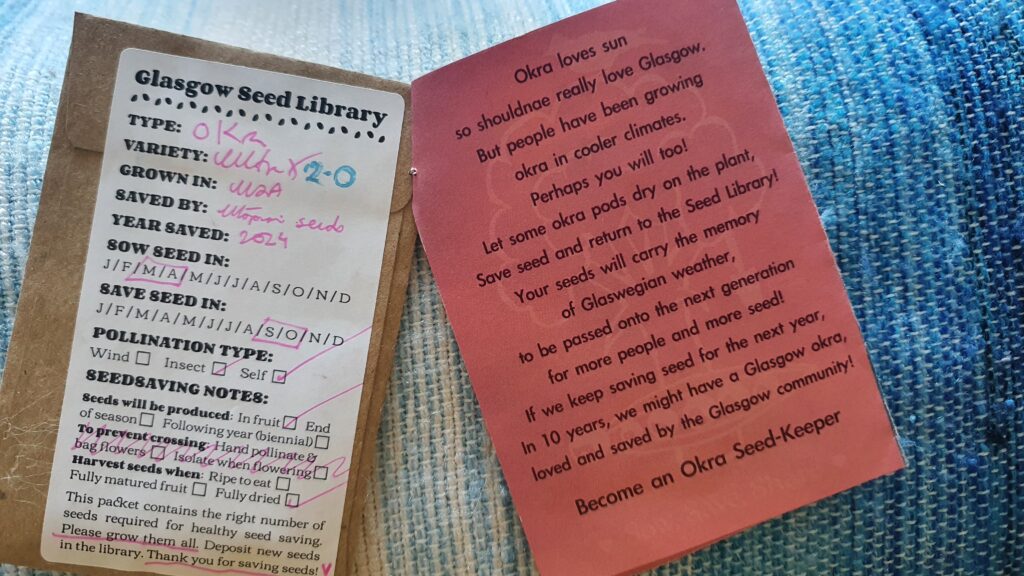 A seed packet labelled Glasgow Seed Library, with information about okra seeds within