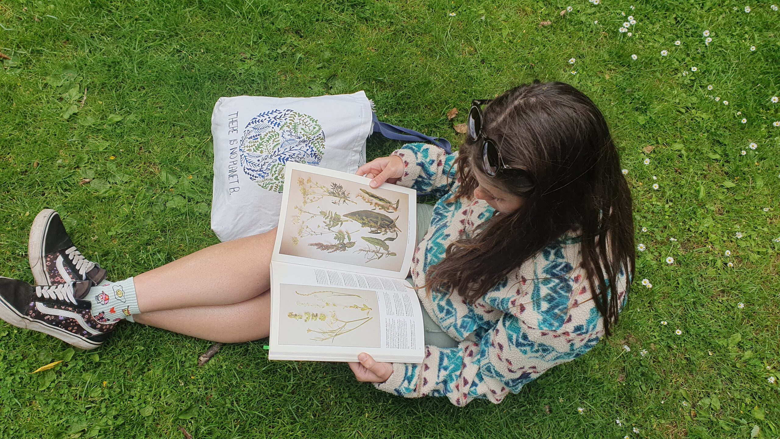 A brown haired woman sits on the grass surrounded by daisies, reading a wildflower book